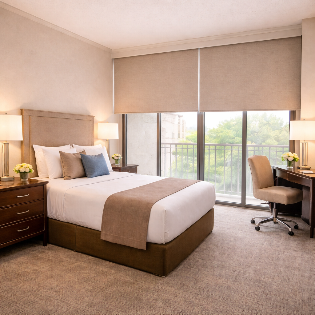 Image Modern-hotel-room-with-king-sized-bed