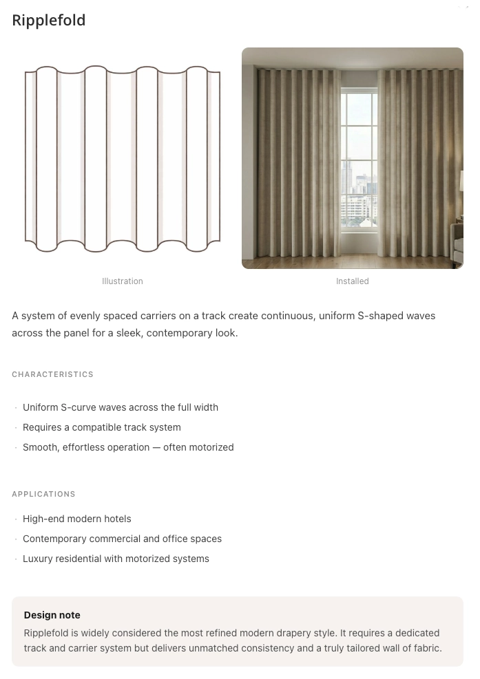 Illustration of ripplefold drapery construction showing the consistent S-shaped wave pattern across the fabric header.